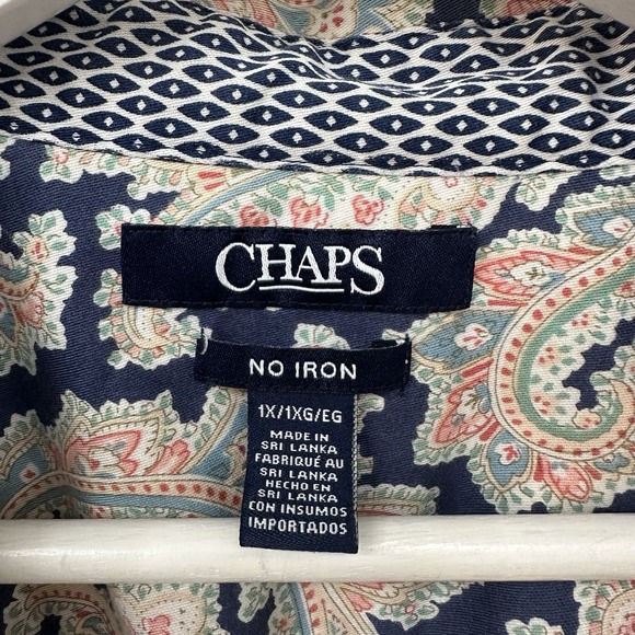 Chaps No Iron Button Front Shirt SZ 1X Blue Pink Paisley Cotton Long Sleeve Top - Picture 3 of 13